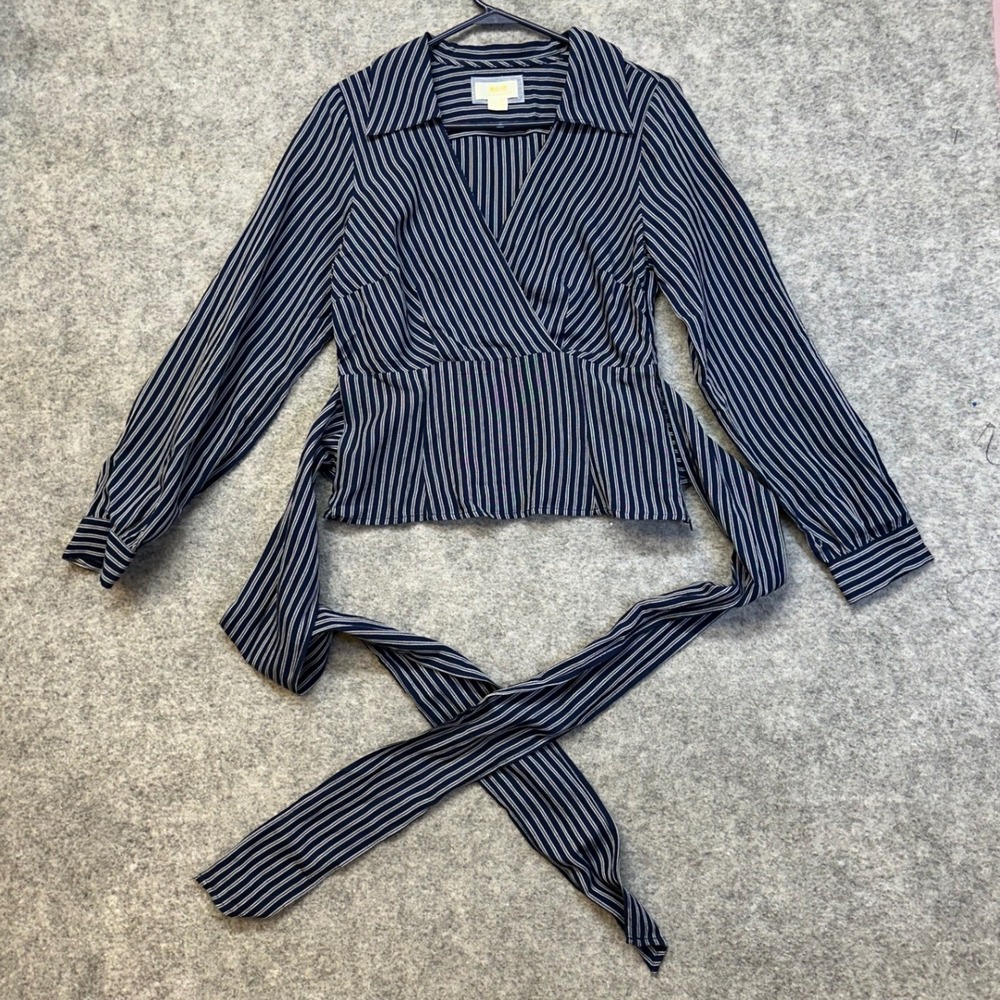 Maeve Anthropologie Wrap Blouse Womens 8 Navy Blue White Stripe Tie Waist